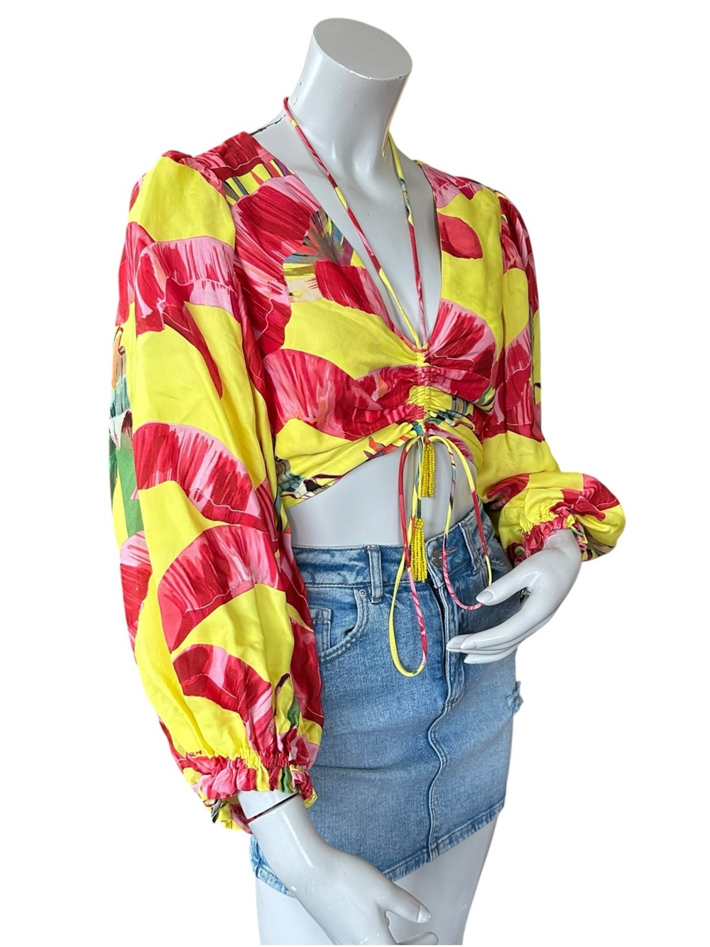 Farm Rio Yellow Floral Tropical Print Sweet Jungle Puff Long Sleeve Crop Top Med - Picture 5 of 9